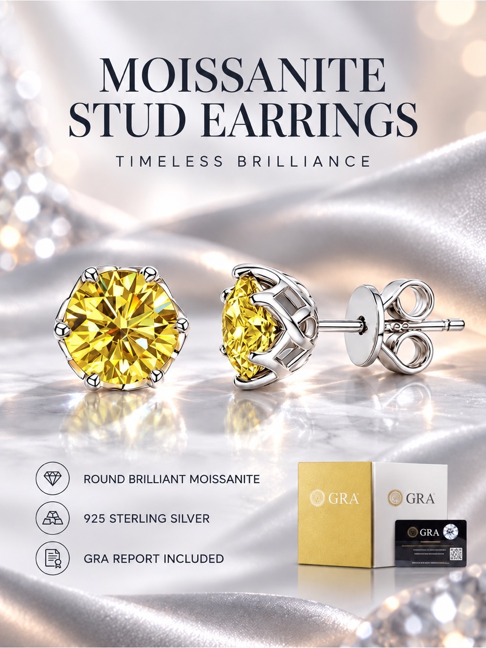 Golden Yellow Moissanite Stud Earrings 925 Sterling Silver 0.3ct GRA